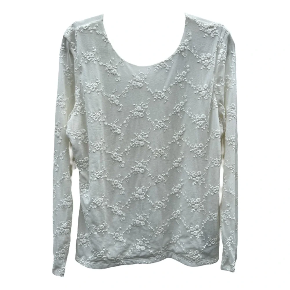 Liz Claiborne XL White Lace Embroidery Semi Sheer Long Sleeve Coquette Top NWT - Picture 1 of 15
